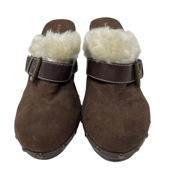 Brown Faux Suede Heeled Clogs With Faux Fur Trim Size 8.5 - Picture 3 of 12